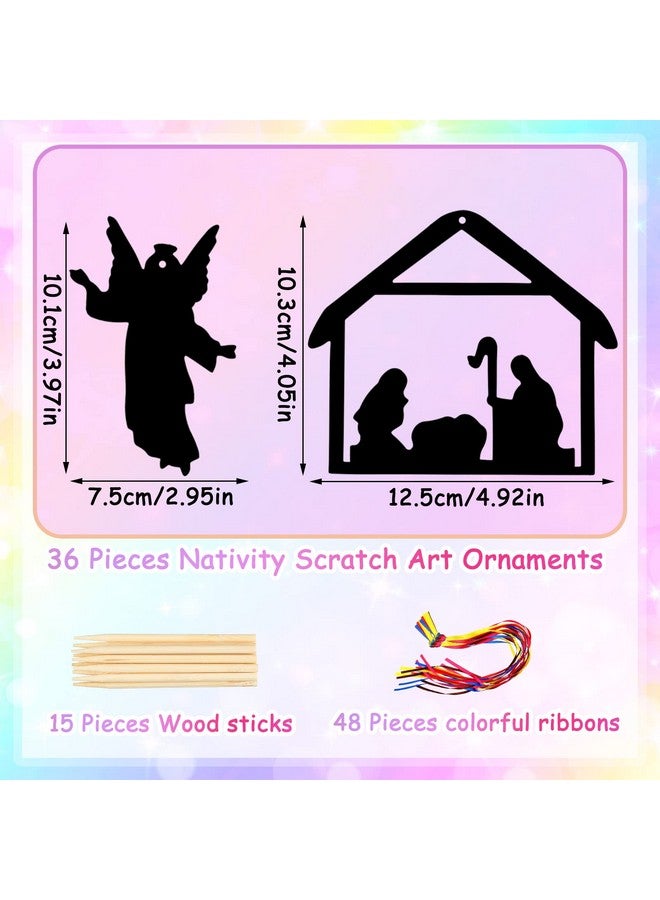 Geosar 36 Pcs Nativity Scene Scratch Paper Christmas Tree Scratch Ornaments For Kids Include Scratch Card 10 Wooden Styluses 36 Colorful Ribbons For Christmas Birthday Classroom Holiday Crafts Supplies - Image 2