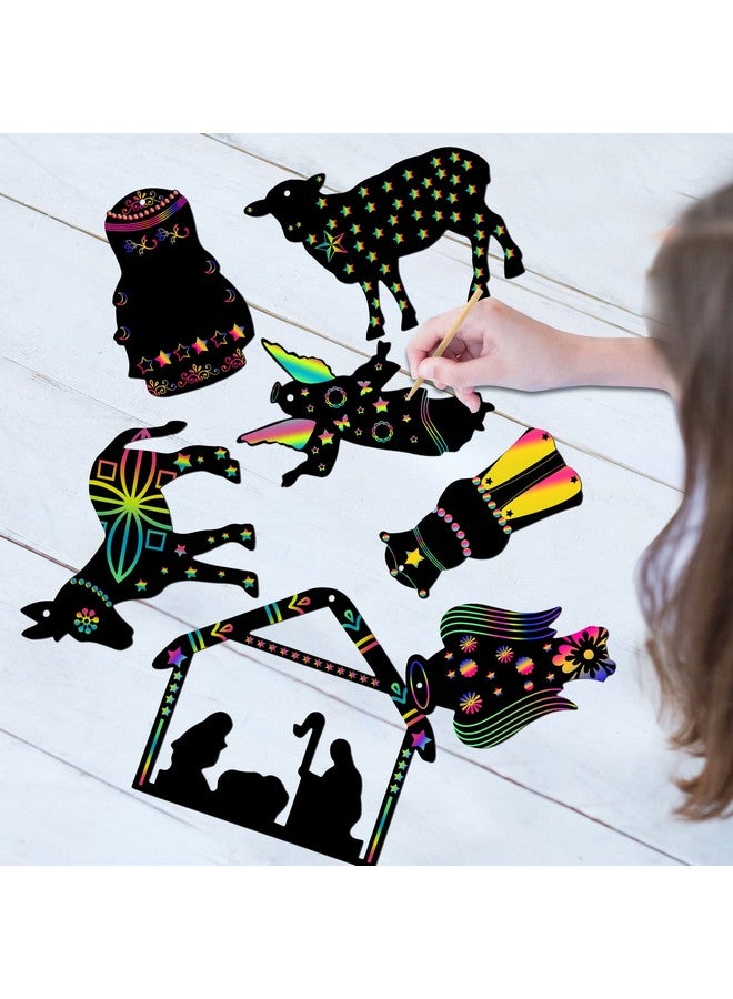 Geosar 36 Pcs Nativity Scene Scratch Paper Christmas Tree Scratch Ornaments For Kids Include Scratch Card 10 Wooden Styluses 36 Colorful Ribbons For Christmas Birthday Classroom Holiday Crafts Supplies - Image 3
