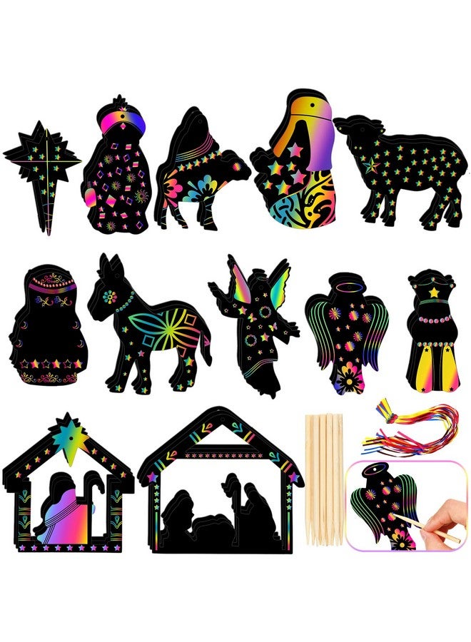 Geosar 36 Pcs Nativity Scene Scratch Paper Christmas Tree Scratch Ornaments For Kids Include Scratch Card 10 Wooden Styluses 36 Colorful Ribbons For Christmas Birthday Classroom Holiday Crafts Supplies - Image 1