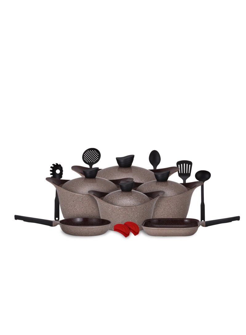 Badreig طقم أواني الطهي من لا هويا بتصميم الرخام الشوكولاتة 17 قطعة، أواني غير لاصقة من الجرانيت الفاخر مع أغطية رخامية متطابقة ومجموعة أدوات مطبخ كاملة - Image 1