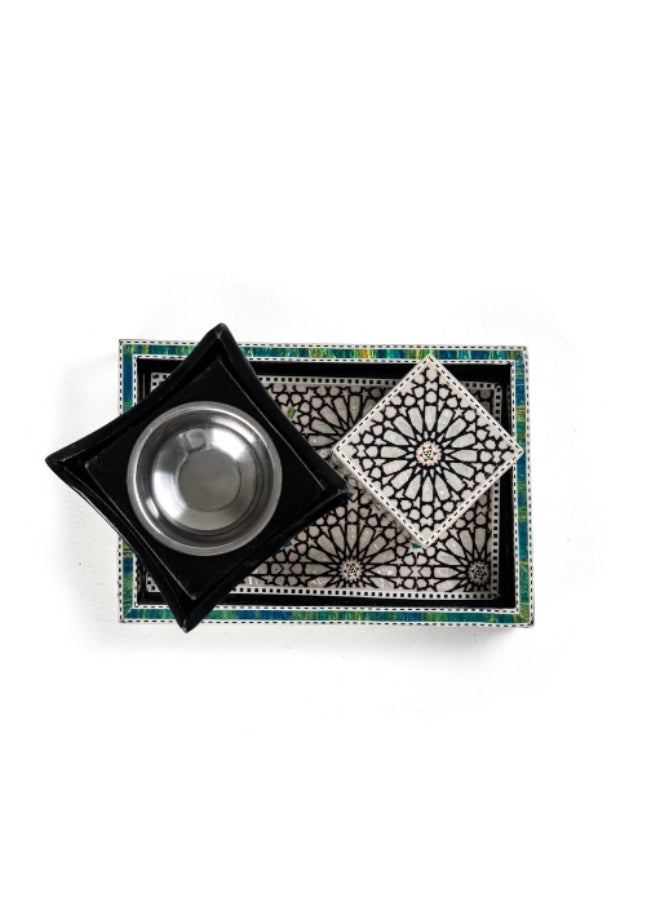 Handmade Piece Makkah Luxury Wooden Incense Burner Set Inlaid with Natural Shell & Mother of Pearl, Black & White - Image 3