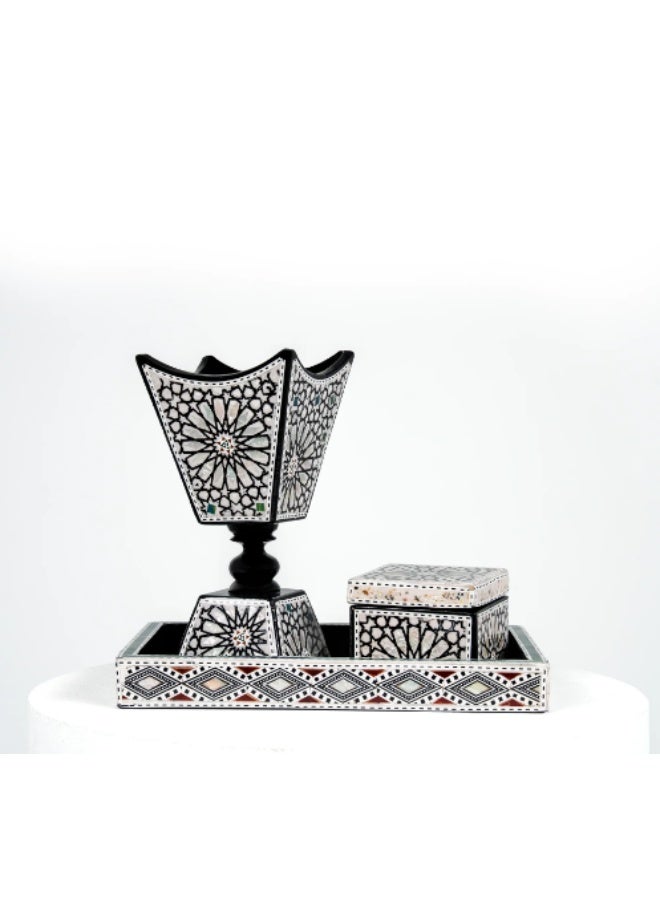 Handmade Piece Makkah Luxury Wooden Incense Burner Set Inlaid with Natural Shell & Mother of Pearl, Black & White - Image 2