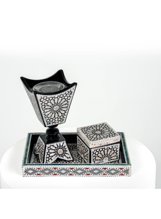 Handmade Piece Makkah Luxury Wooden Incense Burner Set Inlaid with Natural Shell & Mother of Pearl, Black & White - Image 1
