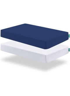 Biloban Biloban Pack and Play Sheets Fitted, 2 Pack Portable Playard Sheets, Ultra Soft Microfiber Pack and Play Sheets | Mini Crib Sheet, White & Navy, Preshrunk  - Image 1