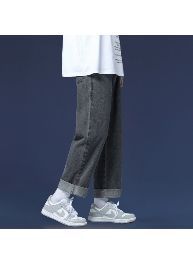 Black Men's Spring Summer Autumn Jeans, Thin Loose Straight Cropped Wide-leg Casual Pants - Image 1
