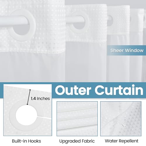 EUTXL White No Hook Shower Curtain with Snap in Liner,230GSM Waffle Weave Shower Curtains for Bathroom,71W x 74H - Image 5