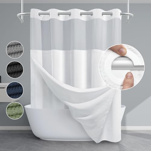 EUTXL White No Hook Shower Curtain with Snap in Liner,230GSM Waffle Weave Shower Curtains for Bathroom,71W x 74H - Image 1