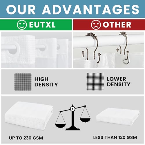 EUTXL White No Hook Shower Curtain with Snap in Liner,230GSM Waffle Weave Shower Curtains for Bathroom,71W x 74H - Image 2