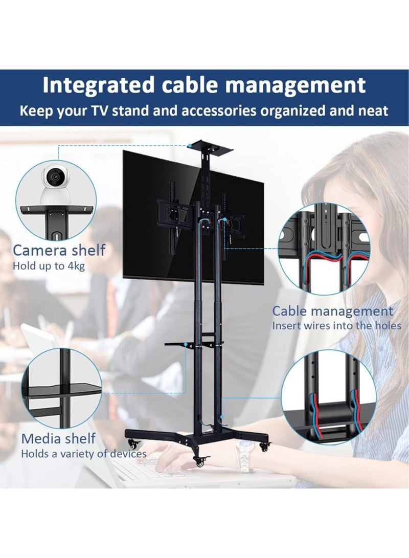 Mobile TV Stand Rolling TV Cart – Floor TV Stand Trolley for 32” to 70” LCD LED Flat Curved Screens, Tilt & Height Adjustable, with Wheels, 2 Media Shelves, Cable Management - Image 3