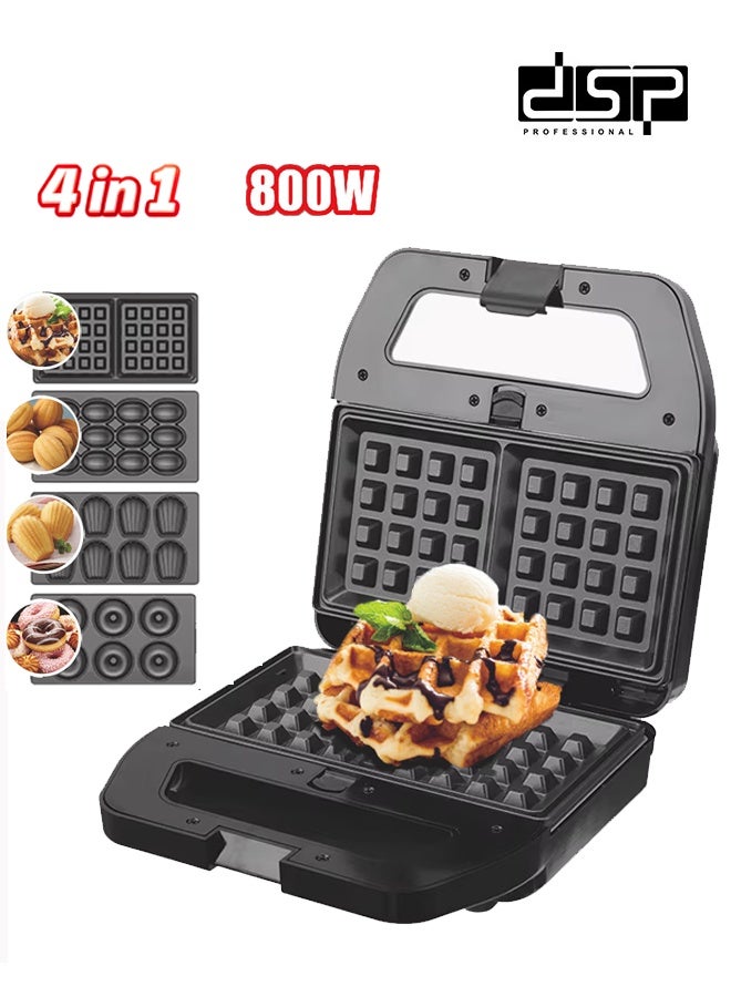 DSP 4 IN 1 Breakfast Maker, 800W Electric Waffle & Sandwich Maker, Interchangeable Non‑Stick Plates for Waffle, Sandwich, Donut, Madeleine Cake, Double‑Sided Fast Heating, Detachable Easy‑to‑Clean Plates, Household Multi Snack Maker for Home Kitchen, KC1237 - Image 1