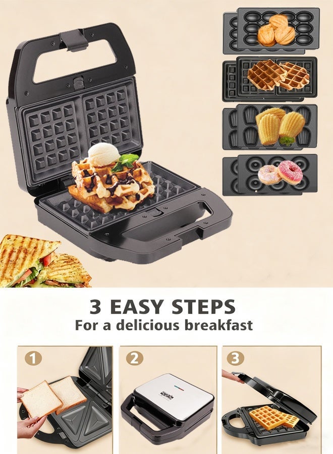 DSP 4 IN 1 Breakfast Maker, 800W Electric Waffle & Sandwich Maker, Interchangeable Non‑Stick Plates for Waffle, Sandwich, Donut, Madeleine Cake, Double‑Sided Fast Heating, Detachable Easy‑to‑Clean Plates, Household Multi Snack Maker for Home Kitchen, KC1237 - Image 4