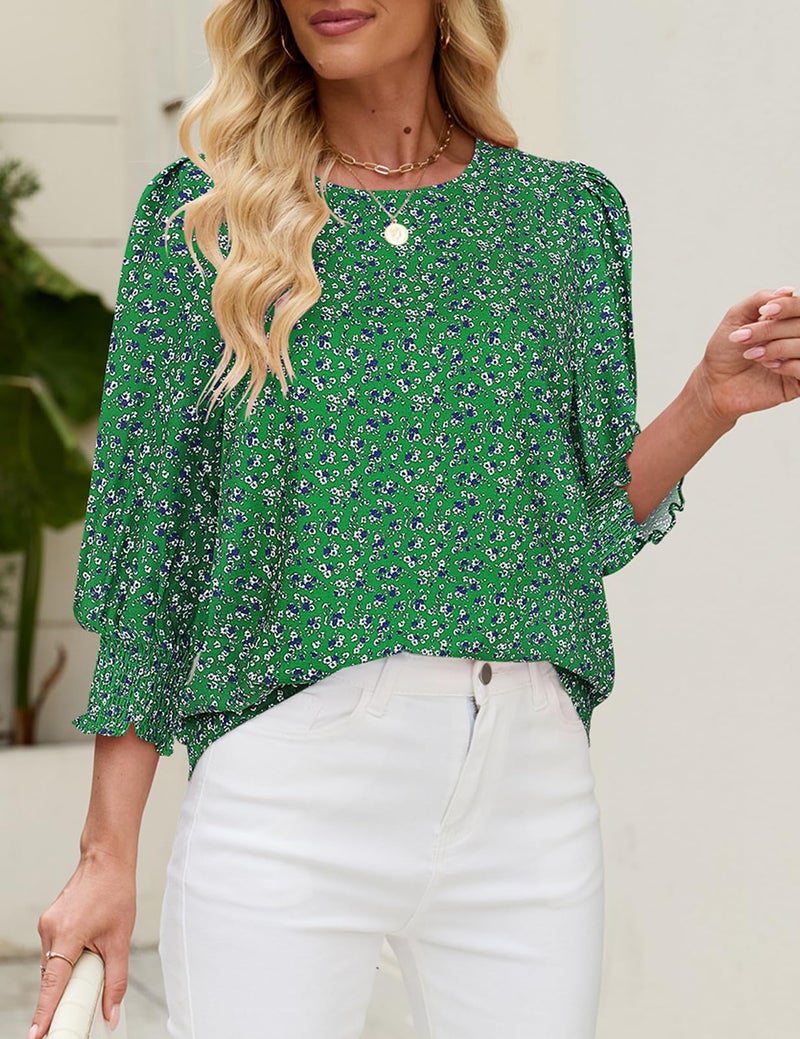 Halife 3/4 Length Sleeve Womens Tops Print Work Blouses Boho Chic Clothing Vacation Spring Clothing Green M - Image 4