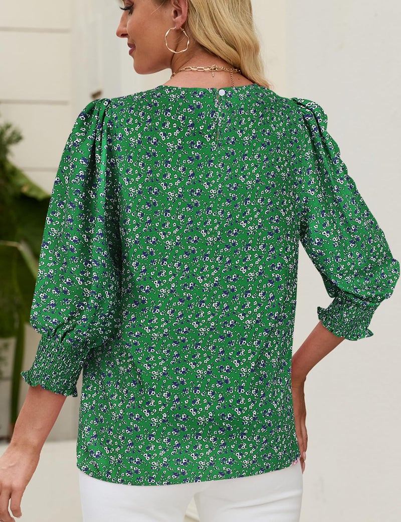 Halife 3/4 Length Sleeve Womens Tops Print Work Blouses Boho Chic Clothing Vacation Spring Clothing Green M - Image 2