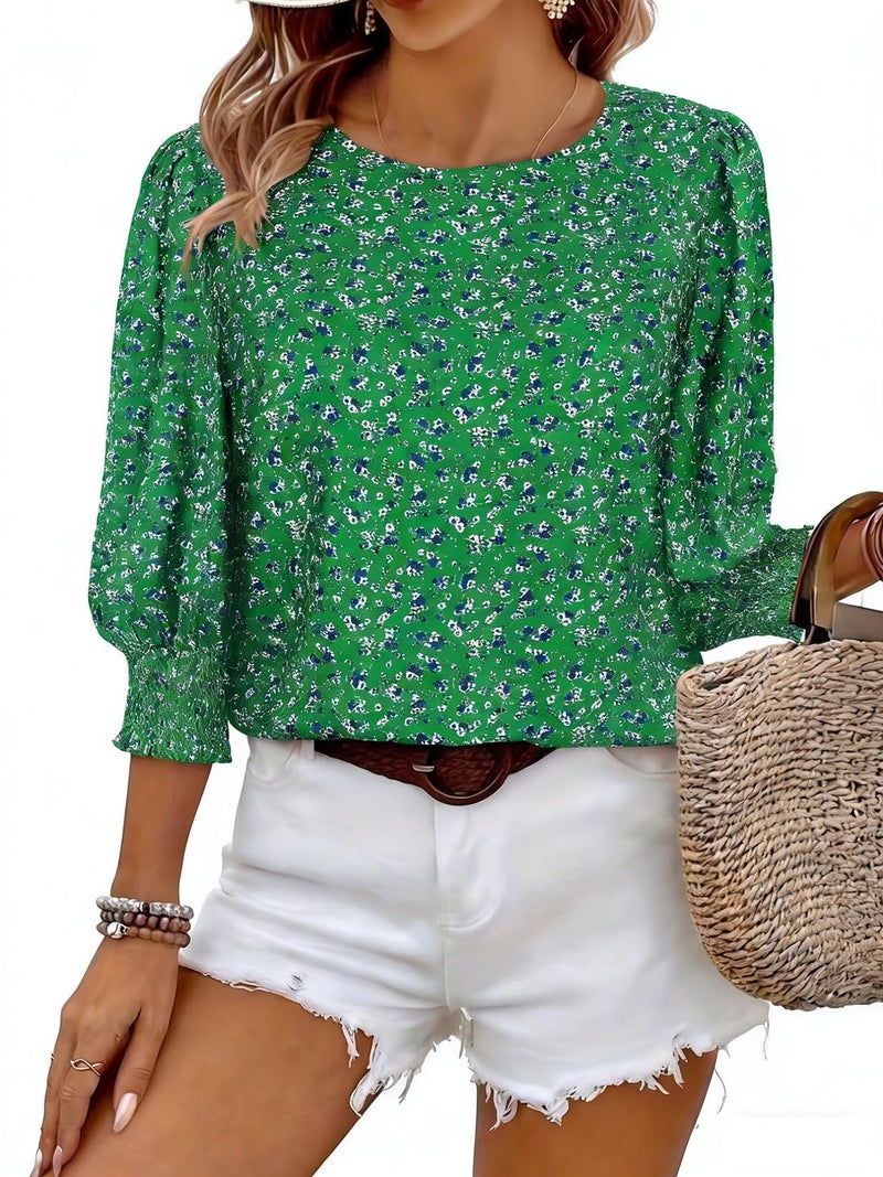 Halife 3/4 Length Sleeve Womens Tops Print Work Blouses Boho Chic Clothing Vacation Spring Clothing Green M - Image 1