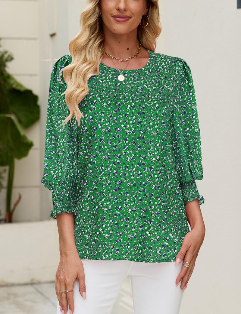 Halife 3/4 Length Sleeve Womens Tops Print Work Blouses Boho Chic Clothing Vacation Spring Clothing Green M - Image 3