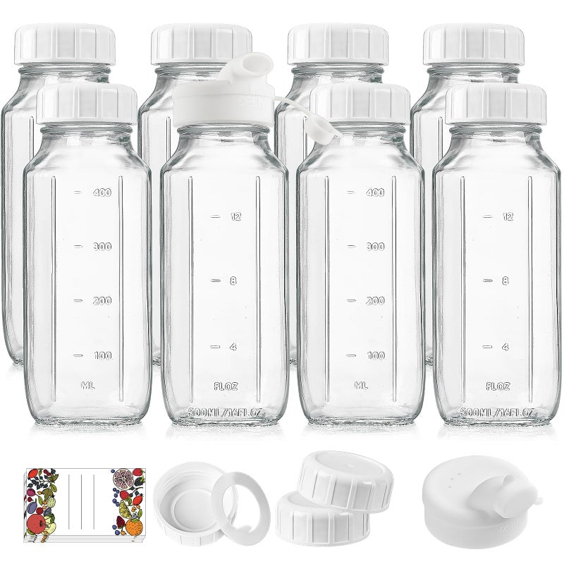 Syntic 8 Pack 16 Oz Reusable Glass Milk Bottles w 100% Airtight Heavy Duty SCREW Lid & 2 Pour Spouts - Glass Juice Bottles w Capacity Mark - Beverage Drinking Jar Juice Container Breast Milk(Extra 2 Lids) - Image 1