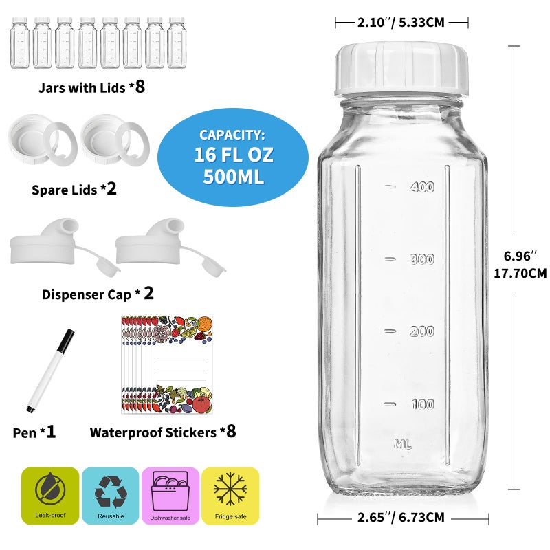 Syntic 8 Pack 16 Oz Reusable Glass Milk Bottles w 100% Airtight Heavy Duty SCREW Lid & 2 Pour Spouts - Glass Juice Bottles w Capacity Mark - Beverage Drinking Jar Juice Container Breast Milk(Extra 2 Lids) - Image 3