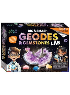 Hinkler Curious Universe Dig & Smash Geodes Kit - DIY Geode Discovery Set includes safety goggles, 2 geodes, dig block filled with 3 gemstones, chisel, brush, magnifying glass and a 16-page project book, Fun Rock & Mineral Exploration, STEM Science Kit for Kids