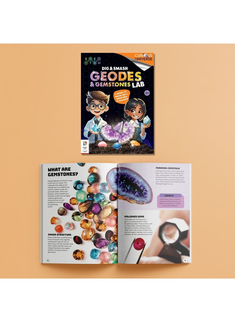 Hinkler - Hinkler Curious Universe Dig & Smash Geodes Kit - DIY Geode Discovery Set includes safety goggles, 2 geodes, dig block filled with 3 gemstones, chisel, brush, magnifying glass and a 16-page project book, Fun Rock & Mineral Exploration, STEM Science Kit for Kids - Image 1