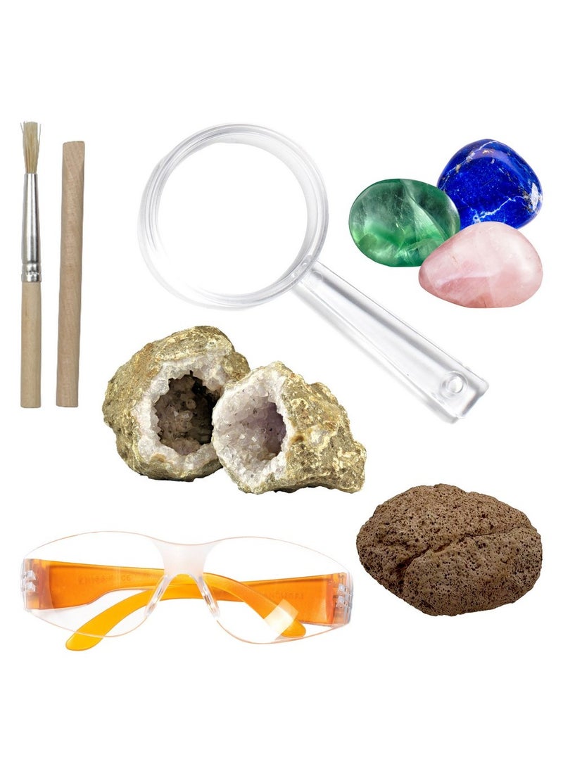 Hinkler - Hinkler Curious Universe Dig & Smash Geodes Kit - DIY Geode Discovery Set includes safety goggles, 2 geodes, dig block filled with 3 gemstones, chisel, brush, magnifying glass and a 16-page project book, Fun Rock & Mineral Exploration, STEM Science Kit for Kids - Image 1
