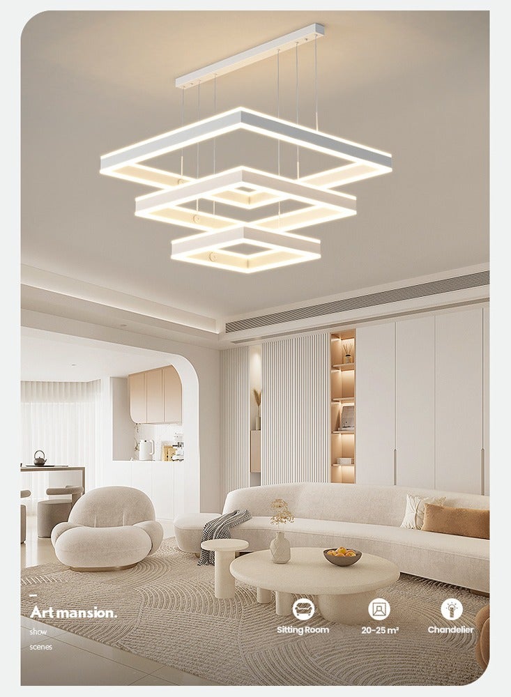 Vmax Modern LED Square Ring Chandelier Ceiling Light, 3-Tier Pendant Fixture, Adjustable Height, 150W, White/Gold Finish – Aluminum & Silicone, for Living Room, Bedroom, Dining Room – 60+40+20cm - Image 1