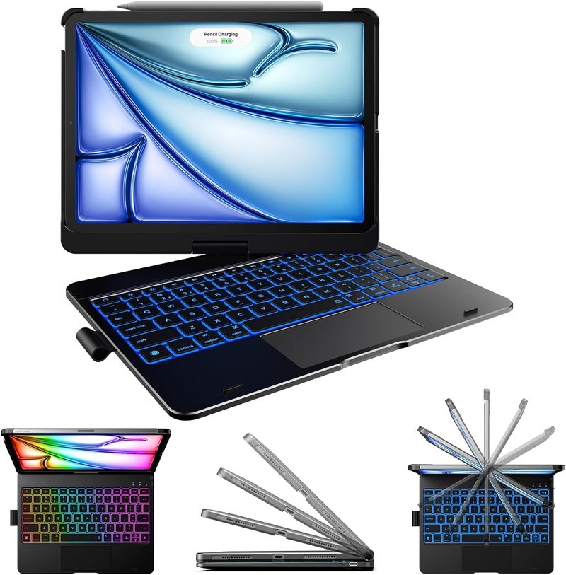 typecase حافظة لوحة مفاتيح فليكس بوك لجهاز آيباد إير 11 (M3/M2)، آير 5/4 و برو 11 (الجيل 4/3/2/1) مع لوحة تتبع، إضاءة خلفية بـ 10 ألوان، قابلة للدوران 360 درجة، حامل قلم (أسود2'5) (لا تناسب A16/10th/ 11-M4) - Image 1