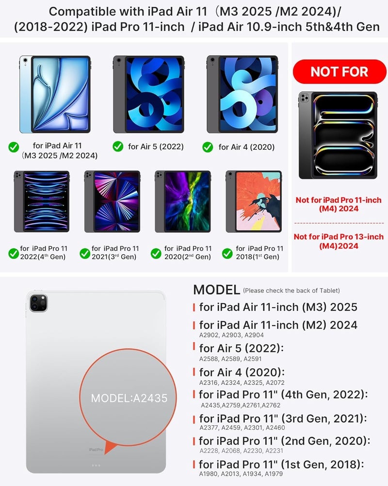 typecase حافظة لوحة مفاتيح فليكس بوك لجهاز آيباد إير 11 (M3/M2)، آير 5/4 و برو 11 (الجيل 4/3/2/1) مع لوحة تتبع، إضاءة خلفية بـ 10 ألوان، قابلة للدوران 360 درجة، حامل قلم (أسود2'5) (لا تناسب A16/10th/ 11-M4) - Image 3