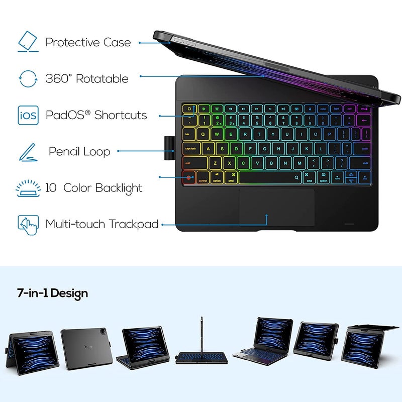 typecase حافظة لوحة مفاتيح فليكس بوك لجهاز آيباد إير 11 (M3/M2)، آير 5/4 و برو 11 (الجيل 4/3/2/1) مع لوحة تتبع، إضاءة خلفية بـ 10 ألوان، قابلة للدوران 360 درجة، حامل قلم (أسود2'5) (لا تناسب A16/10th/ 11-M4) - Image 2