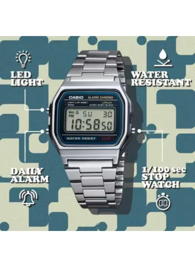 CASIO Unisex Digital Display Watch With Silver Stainless Steel Strap - A-158WA-1D