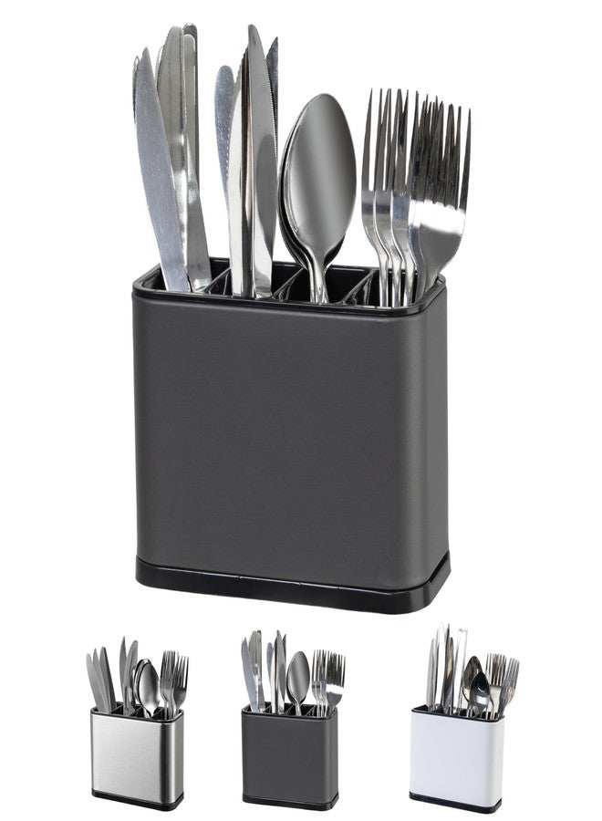 LIBODOUR Kitchen Utensil Holder For Counter Silverware Organizer Stainless Steel 4 Compartments Storage Cooking Organizer Caddy Large Capacity Flatware Spoon Spatula Fork（Grey） - Image 1