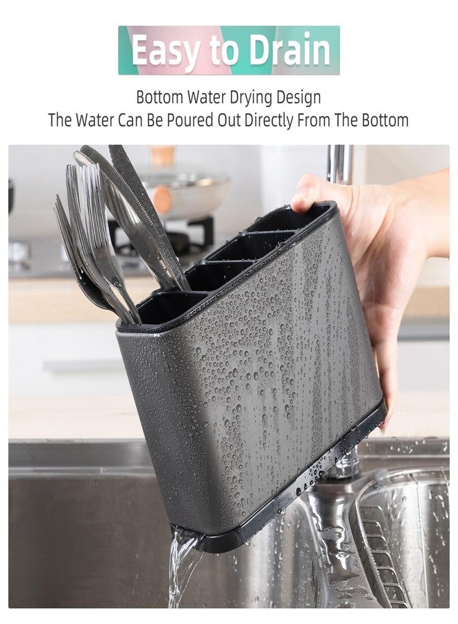 LIBODOUR Kitchen Utensil Holder For Counter Silverware Organizer Stainless Steel 4 Compartments Storage Cooking Organizer Caddy Large Capacity Flatware Spoon Spatula Fork（Grey） - Image 4