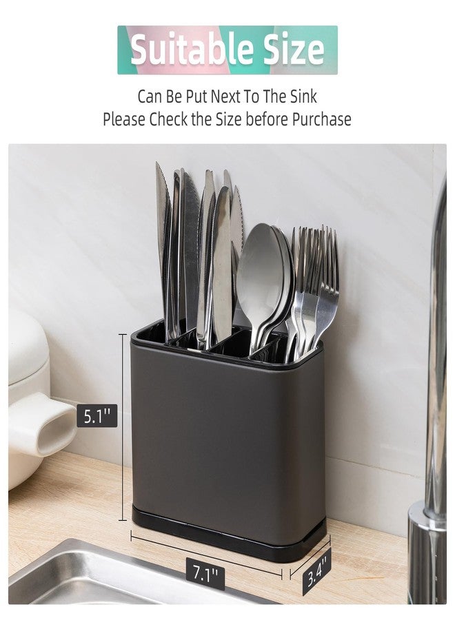 LIBODOUR Kitchen Utensil Holder For Counter Silverware Organizer Stainless Steel 4 Compartments Storage Cooking Organizer Caddy Large Capacity Flatware Spoon Spatula Fork（Grey） - Image 3
