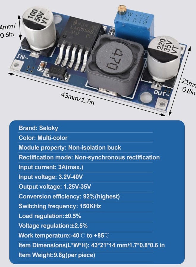 SELOKY 5 Pack LM2596 LM2596S DC-DC Step-Down Adjustable Voltage Regulator, Input 3.0-40V, Output 1.25-35V, Variable Buck Converter Power Supply Module - Image 4