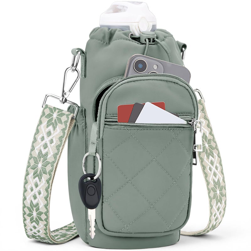 SYTRAH Water Bottle Carrier Bag with Strap, Water Bottle Purse with Phone Pocket 40oz, Insulated Crossbody Bags for Walking Hiking Antique Green - Image 1