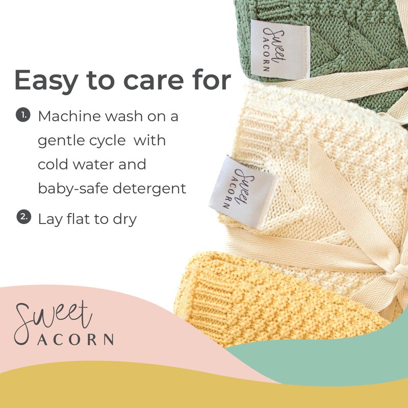Sweet Acorn Knit Baby Blanket in Elegant Pattern, Organic Cotton Blankets for Crib or Stroller, Receiving Blankets - Salt White - Image 4