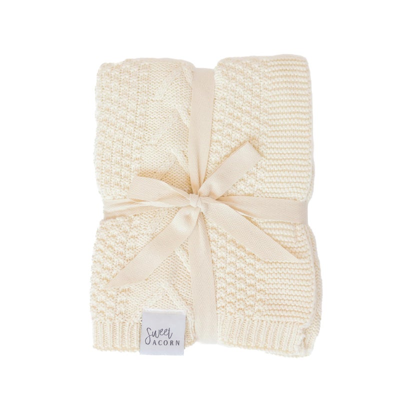 Sweet Acorn Knit Baby Blanket in Elegant Pattern, Organic Cotton Blankets for Crib or Stroller, Receiving Blankets - Salt White - Image 1