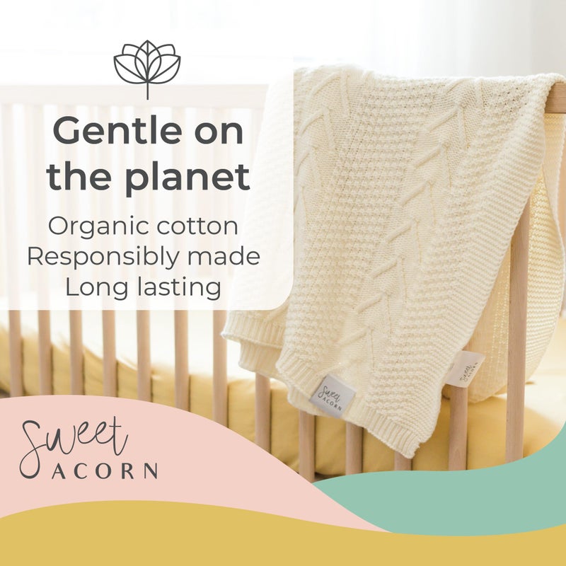 Sweet Acorn Knit Baby Blanket in Elegant Pattern, Organic Cotton Blankets for Crib or Stroller, Receiving Blankets - Salt White - Image 3