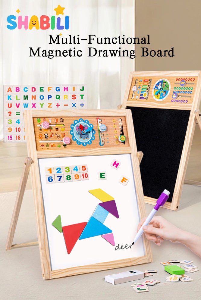 SHABILI Wooden Magnetic Drawing Board for Kids Age 3 4 5 6 Years, Multi-Functional Educational Easel with Alphabet Numbers Clock Tangram Puzzle, Early Learning Toy Gift for Boys Girls Birthday Party - Image 1