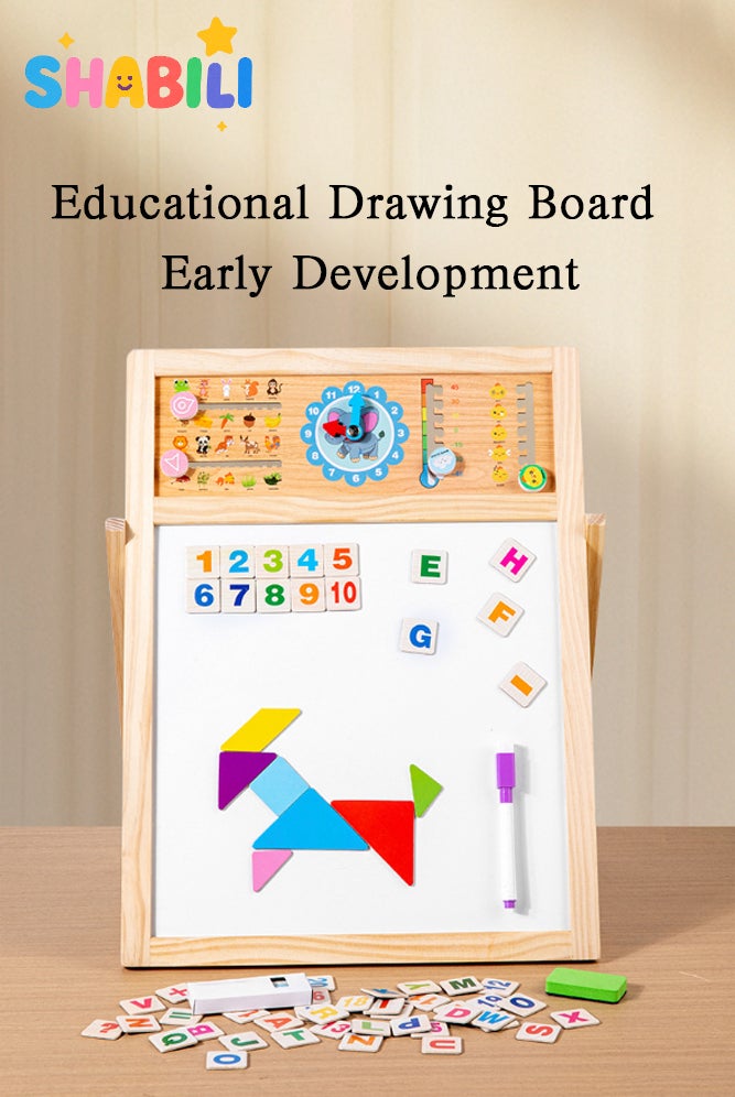 SHABILI Wooden Magnetic Drawing Board for Kids Age 3 4 5 6 Years, Multi-Functional Educational Easel with Alphabet Numbers Clock Tangram Puzzle, Early Learning Toy Gift for Boys Girls Birthday Party - Image 3