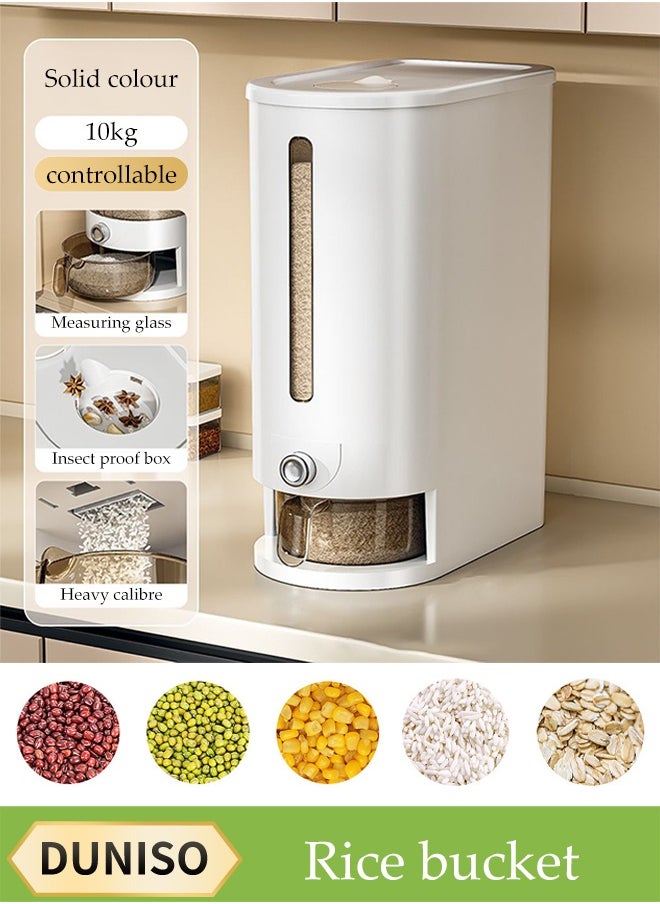 DUNISO Rice Dispenser, Large Dry Food Storage Container, Sealed Grain Dispenser Food Storage Box With Lid, Measuring Cup And Insect Repellent Box, Food Dispenser Kitchen, Store Rice, Beans, Grains, Small Dry Food, Suitable For Home Kitchen Food Storage Room, White  - Image 1