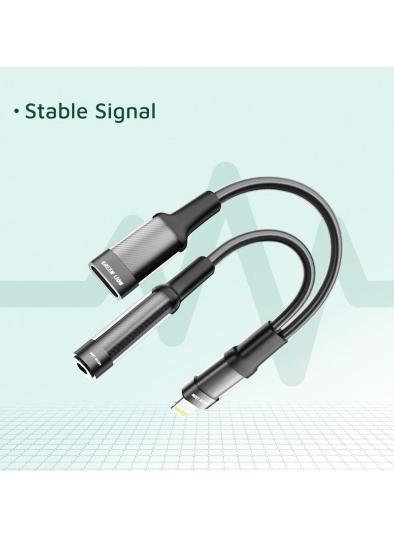 GREEN LION 2-in-1 Earphone & Charging Adapter with Lightning to Lightning + 3.5mm Audio Jack Connector, 12cm Cable Length, Music Play & Call Function, More than 10,000 Bends Lifespan - Black - Image 3