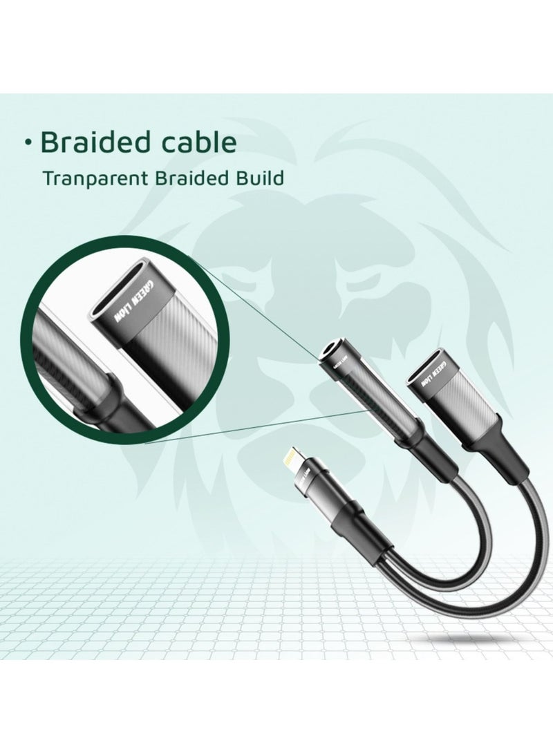 GREEN LION 2-in-1 Earphone & Charging Adapter with Lightning to Lightning + 3.5mm Audio Jack Connector, 12cm Cable Length, Music Play & Call Function, More than 10,000 Bends Lifespan - Black - Image 5
