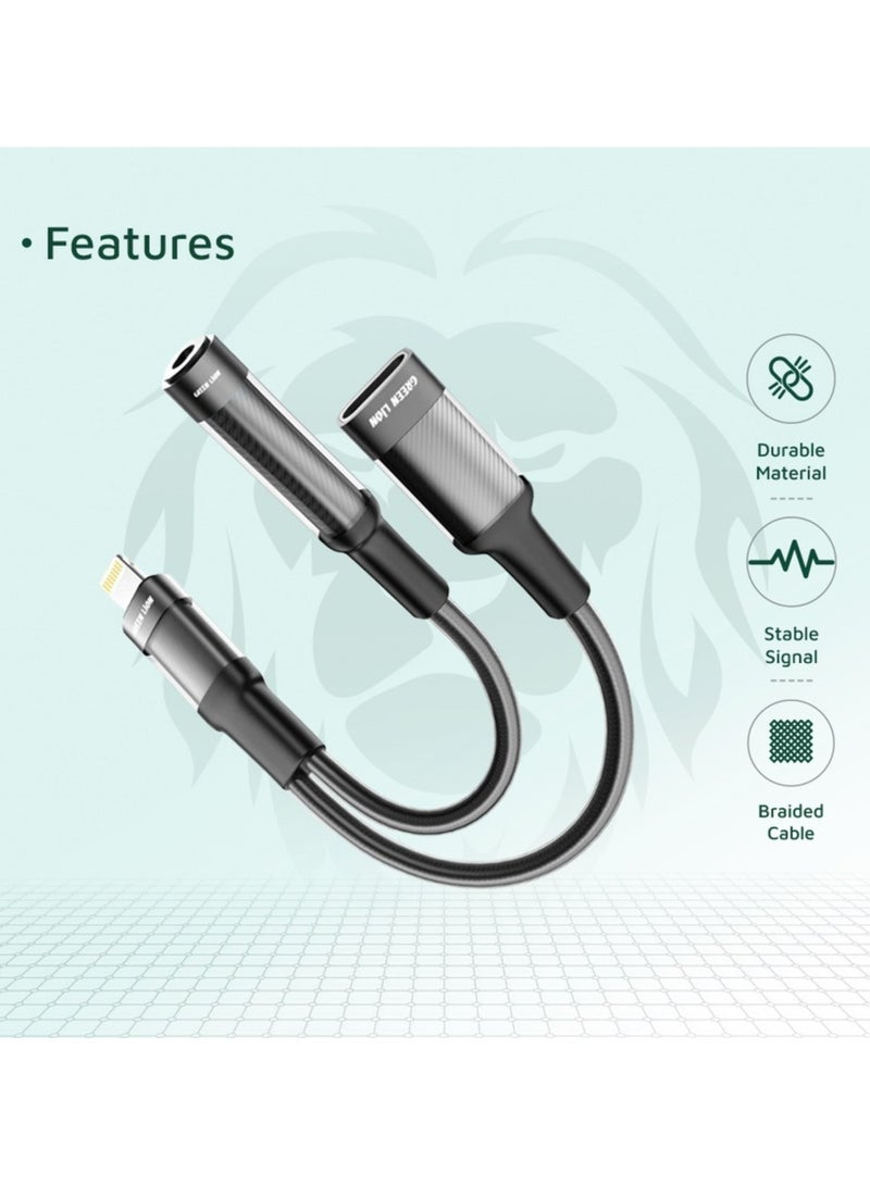 GREEN LION 2-in-1 Earphone & Charging Adapter with Lightning to Lightning + 3.5mm Audio Jack Connector, 12cm Cable Length, Music Play & Call Function, More than 10,000 Bends Lifespan - Black - Image 4