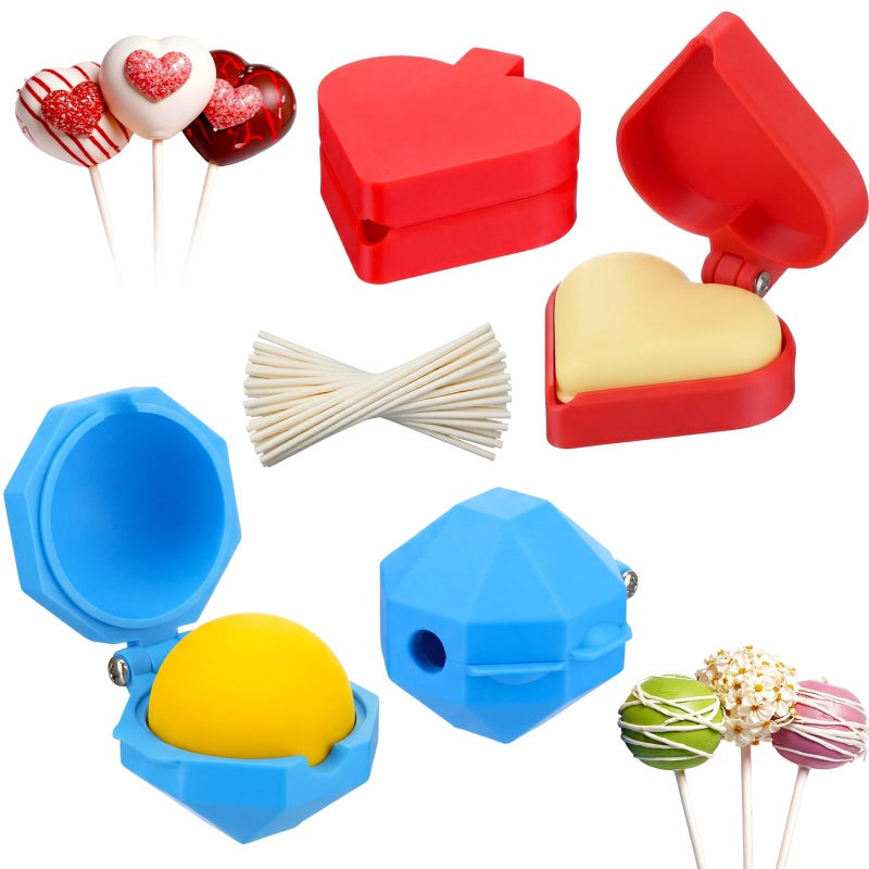 Yiyiring 2 Pcs Round and Heart Cake Pop Mold Press Set Sphere and Heart Cake Pop Cutter and Pusher with 52 Pcs Candy Sticks DIY Baking Tool Accessories for Home Baking Birthday Parties Wedding Dessert - Image 1