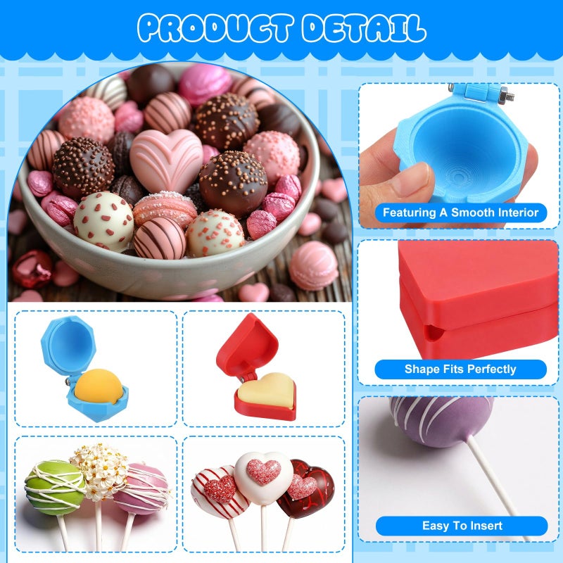 Yiyiring 2 Pcs Round and Heart Cake Pop Mold Press Set Sphere and Heart Cake Pop Cutter and Pusher with 52 Pcs Candy Sticks DIY Baking Tool Accessories for Home Baking Birthday Parties Wedding Dessert - Image 3