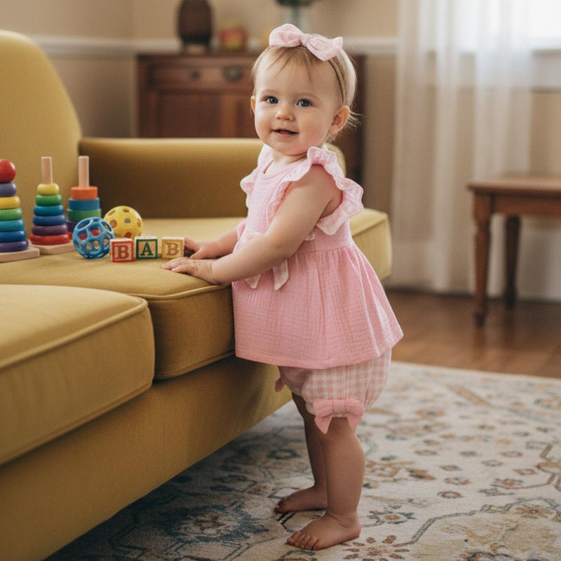 FOCUSNORM Toddler Baby Girl Outfits Plaid Flying Sleeve Ruffle Tops Shorts Sets and Headband Infant Baby Girl Summer Clothes (Cute Pink, 6-12 Months) - Image 2