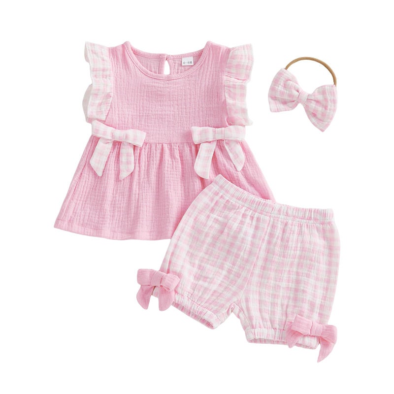 FOCUSNORM Toddler Baby Girl Outfits Plaid Flying Sleeve Ruffle Tops Shorts Sets and Headband Infant Baby Girl Summer Clothes (Cute Pink, 6-12 Months) - Image 1
