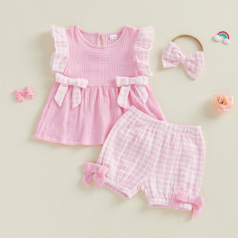 FOCUSNORM Toddler Baby Girl Outfits Plaid Flying Sleeve Ruffle Tops Shorts Sets and Headband Infant Baby Girl Summer Clothes (Cute Pink, 6-12 Months) - Image 5