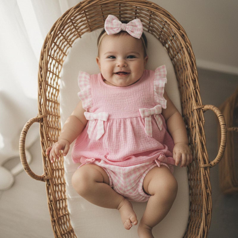 FOCUSNORM Toddler Baby Girl Outfits Plaid Flying Sleeve Ruffle Tops Shorts Sets and Headband Infant Baby Girl Summer Clothes (Cute Pink, 6-12 Months) - Image 3