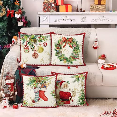 Bonhause Christmas Throw Pillow Covers 18x18 Inch Santa Claus Merry Christmas Wreath Bells Socks Winter Holiday Decorative Pillows for Couch Sofa Bed Home Xmas Decor Set of 4 - Image 3